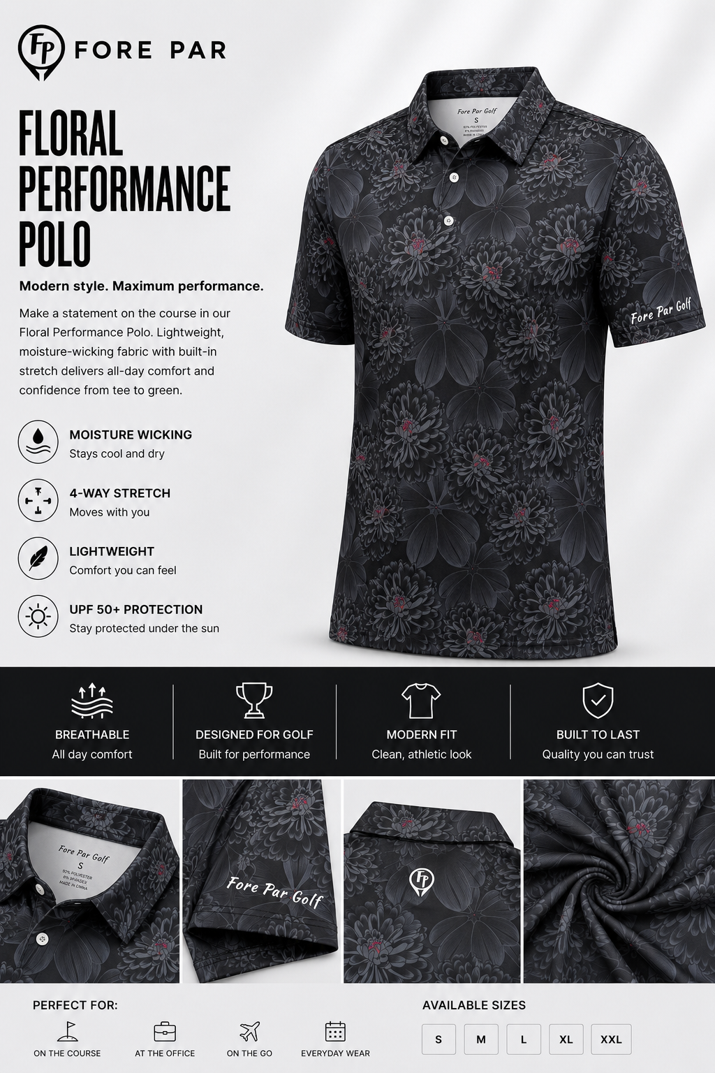 Black Floral Performance Polo
